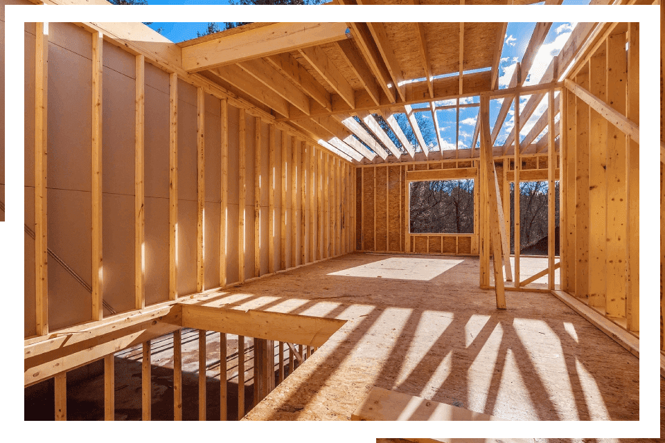 House under construction, wooden frame.