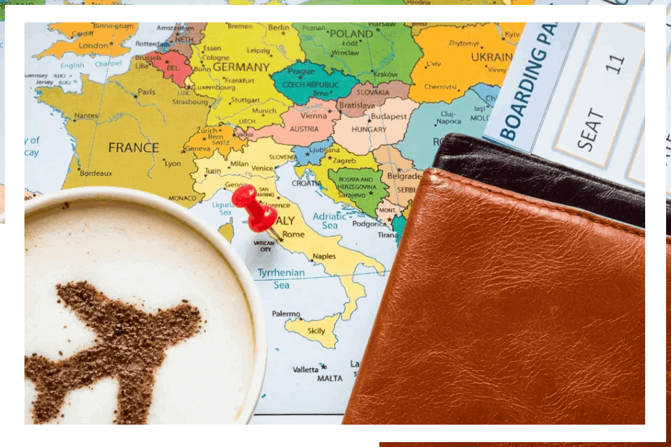 Travel planning: map, coffee, passport, ticket.