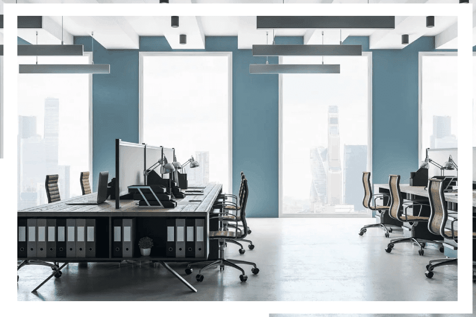 Modern office with city view.